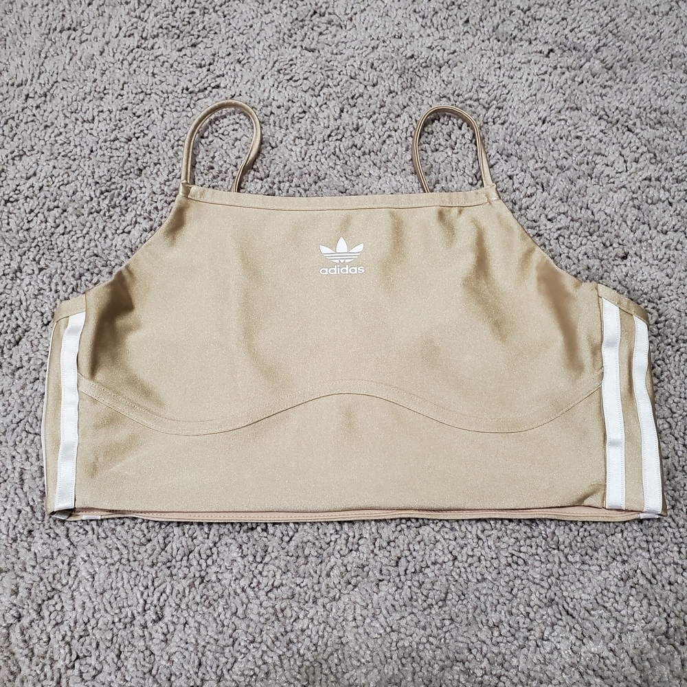 Adidas Beige/Gold Shimmer Sports Top with White Stripes